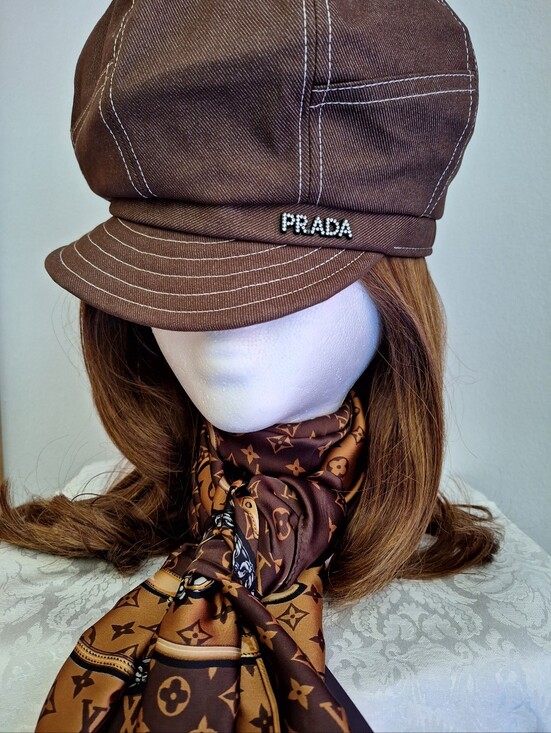 Prada Accessories - PRADA BROWN BERET HAT with CRYSTAL LETTER LOGO